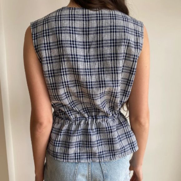 plaid navy white blouse / drawstring fitted waist - Picture 4 of 5